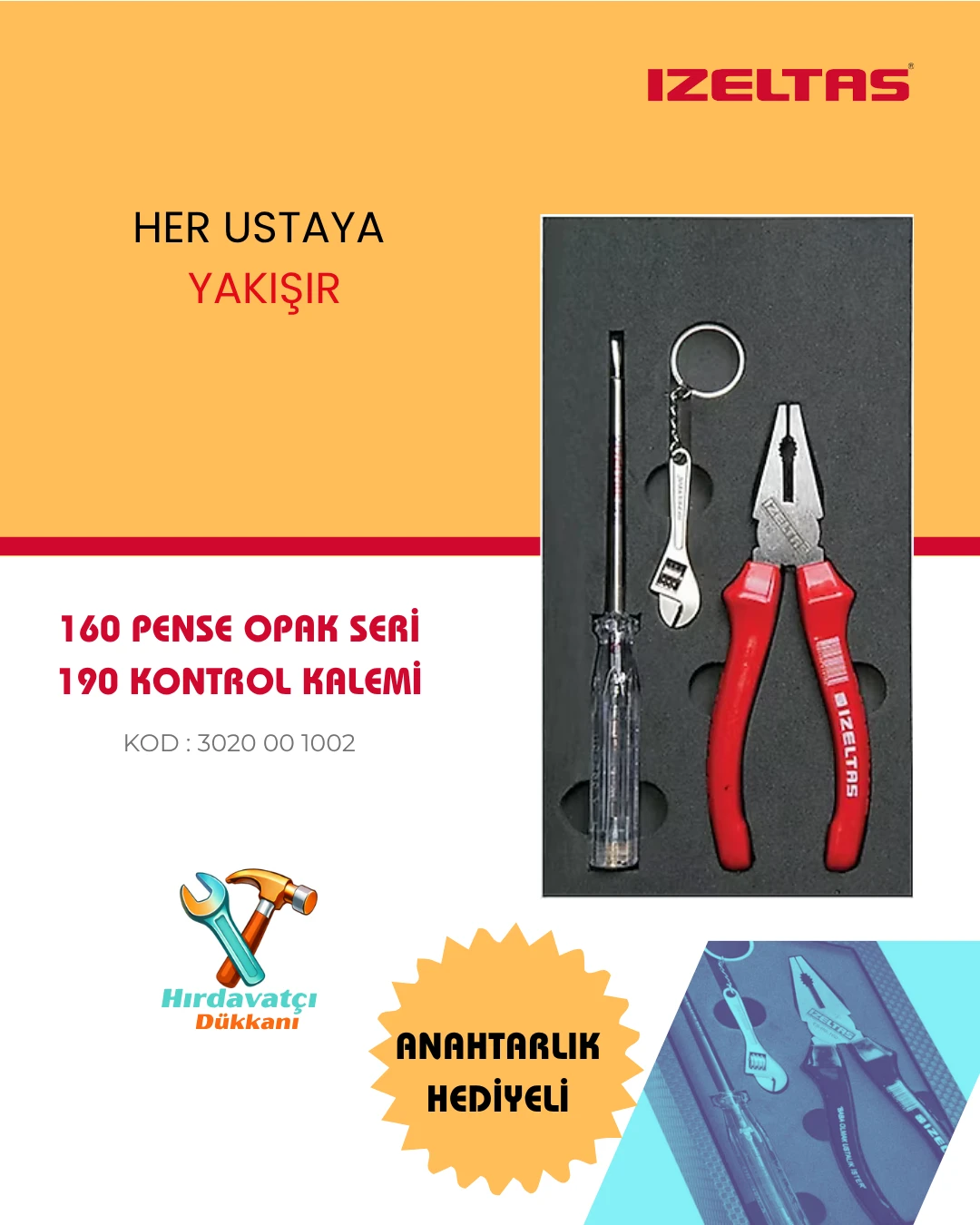 İzeltaş Pense + Kontrol Kalemi Seti - Anahtarlık Hediyeli - 3020 00 1002